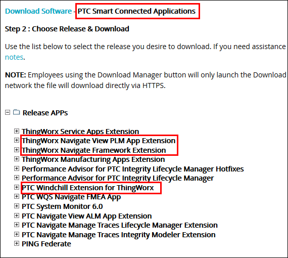 Release artifacts to download from the PTC Smart Connected Applications page
