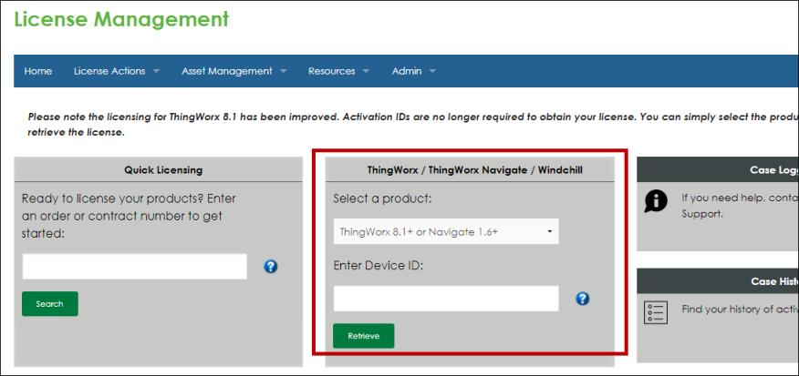 The ThingWorx Navigate area is in the center of the License Management page.