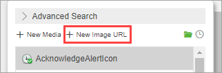 A Media entity picker with the New Image URL button highlighted.