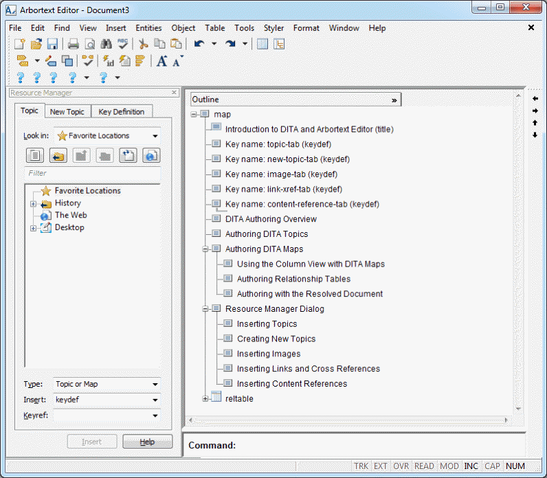 This is a picture of the user interface with the default configuration for editing DITA maps.