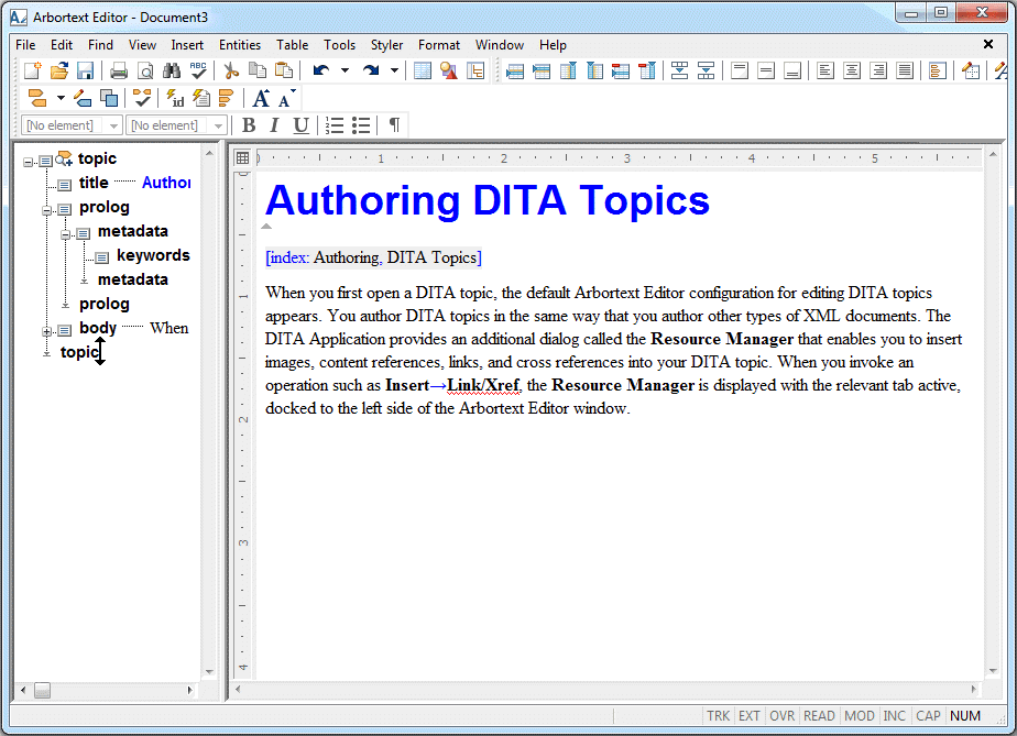 This is a picture of the user interface with the default configuration for editing DITA topics.