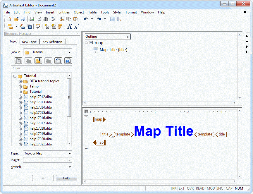 This graphic shows the DITA map with Edit view open.