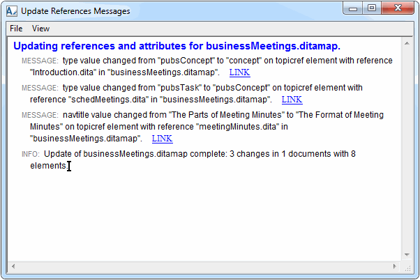 This graphic shows the Update References Messages dialog box.