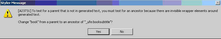 This is an image of a warning dialog box asking you to confirm if you wish to change “book” from a parent to an ancestor of “_ufe:booksubtitle”