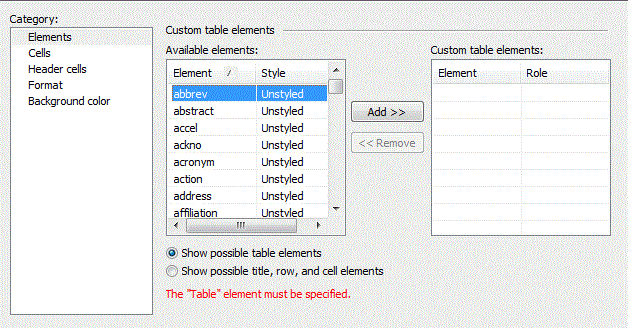 This image shows the Elements tab for the custom table object, with unstyled elements listed in the Available elements list and the message The “Table” element must be specified shown in the advice window at the bottom of the tab
