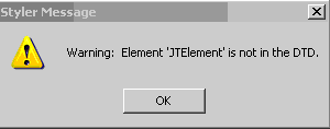 This is an image of message warning that the element named “JTElement” that has been created is not declared in the DTD