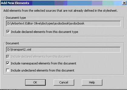 This is an image of the Add New Elements dialog box with the options “Include declared elements from this document type” and “Include namespaced elements from this document” selected