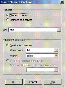 This is an image of the Insert Element Content dialog box, with the Element content option set in the Insert field, the Of field set to title, and the Element selection field set to 1st occurrence within table