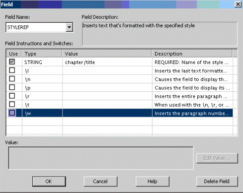 This is an image of the Field dialog box, with the Field name field set to STYLEREF, and the instruction STRING shown in the list. The instruction has the Use option checked and the value “chapter/title” set in the Value column.