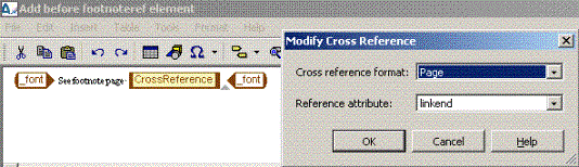 This is an image of the Modify Cross Reference dialog box for the cross reference object inserted in generated text. The Cross reference format field is set to Page and the Reference attribute field is set to linkend