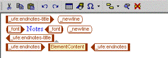 This is an image of the Generated Text Editor for the chapter element, showing the UFE _ufe:endnotes-title element with the text “Notes” as its content, followed by the UFE _ufe:endnotes that contains the element ElementContent
