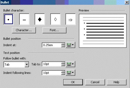 This is an image of the Bullet dialog box for the listitem in itemizedlist context, with a point selected as the bullet character, the Bullet position set to Indent at 0.25em, the Follow bullet with=Tab option selected and set to Tab to 10pt and the Indent following lines option set to a value of 10pt