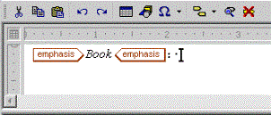 This is an image of the Generated Text Editor for the title in book context, showing the text “Book” wrapped in an emphasis tag, followed by a colon and a space