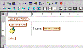 This is an image of the Generated Text Editor for the title in note context, showing a table with 2 columns and 1 row. The first column contains a _gentextgraphic element followed by the inserted graphic, and the second column contains the text Source: followed by an ElementContent element