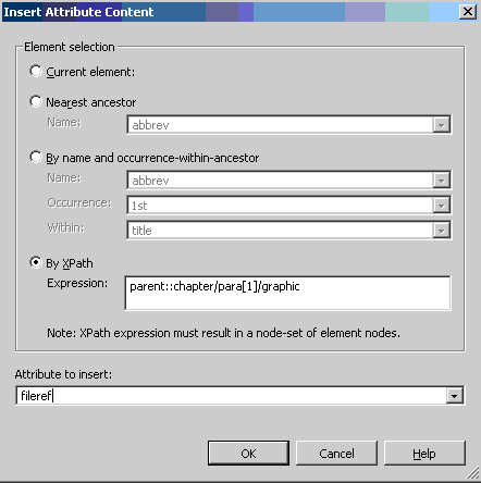 This is an image of the Insert Attribute Content dialog box, with the By XPath option selected, the expression parent::chapter/para[1]/graphic in the Expression field and fileref selected in the Attribute to insert field