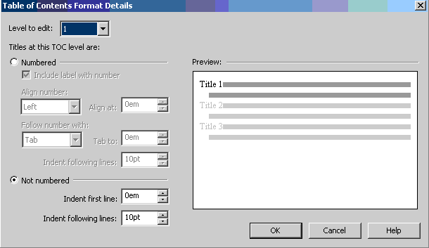 This is an image of the Table of Contents Format Details dialog box with the Not numbered option selected, and the value of Indent following lines set to 10pt.