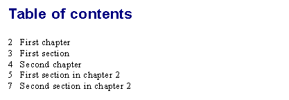 This is an image showing a table of contents whose entries have the number to the left of the entry text, and a space between the numbers and the entry text