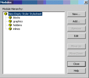 This is an image of the Modules dialog box with the stylesheet name highlighted, and the module definitions “blocks”, “graphics”, “hiddens” and “inlines” listed for the stylesheet