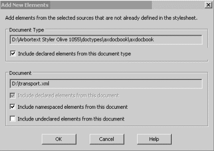 This is an image of the Add New Elements dialog box, with the axdocbook doctype defined in the Document Type field and the Include declared elements from this document type and Include namespaced elements from this document options selected