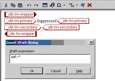 This image shows the Insert XPath String dialog box for the UFE _ufe:tm-secondary, with the XPath expression self::* defined