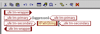 This is an image of the Generated Text Editor for the trademark element, showing an XPathString element as the content of the UFE _ufe:tm-secondary