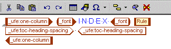 This is an image of Generated Text Editor for the index element, displaying the markup <_ufe:one-column><font>INDEX</font><Rule/><_ufe:toc-heading-spacing> </_ufe:toc-heading-spacing></_ufe:one-column>