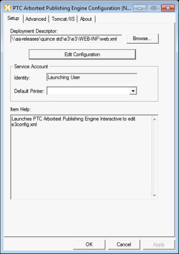 This picture of the Setup tab shows the Deployment Descriptor, the Edit Configuration using Arbortext Publishing Engine Interactive button, the Identity of the account, and the Default Printer drop down.