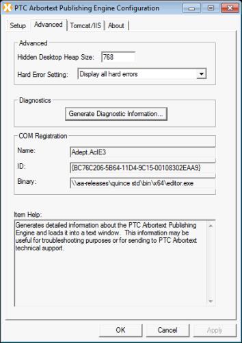This picture of the Advanced tab shows the Hidden Desktop Heap Size, Hard Error Setting, the Generate Diagnostic Information button to generate a report for troubleshooting, and COM Registration information for troubleshooting.