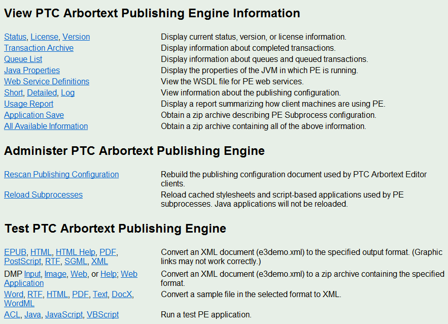 The picture shows several links for obtaining information from PTC Arbortext Publishing Engine, reloading publishing configuration information, and reloading applications (except Java). There are links for converting a test document to supported output formats and for running sample applications.