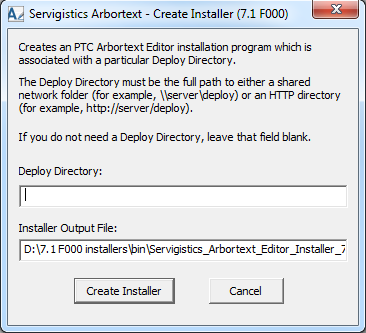 This graphic shows the Arbortext - Create Installer dialog box.