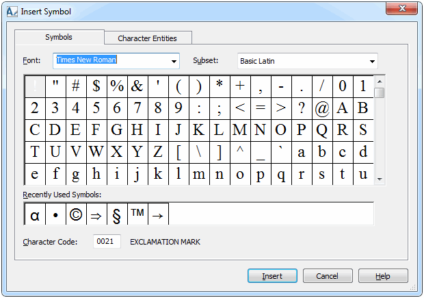 This graphic shows an Insert Symbol dialog box.