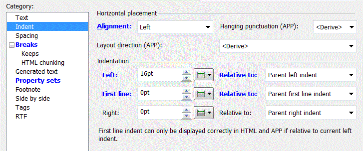 This is an image of the Indent category for the selected condition of the listitem in itemizedlist element, showing the suggested left indent settings