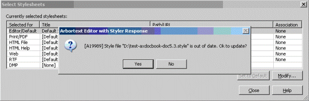 This is an image of the Arbortext Styler warning advising you that your style file is out of date, and verifying that you wish to update it