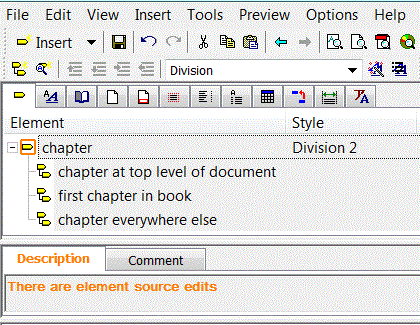 This is an image of the chapter element in the Elements list, with the title of the Description tab displayed in orange text and the text “There are element source edits” shown in orange text in the Description field for XSL-FO (Print/PDF) output