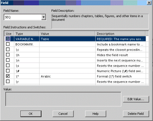 This is an image of the Field dialog box, with the Field name field set to SEQ, and the instruction VARIABLENAME highlighted in the list. The instruction has the Use option checked and the value “Table” set in the Value column. The instruction \* has the Use option checked and the value “Arabic” set in the Value column.