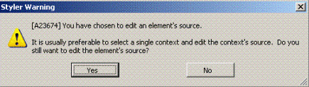 This is an image of a Styler warning asking if you wish to proceed with editing the element source since it is preferable to edit the source of a context of the element