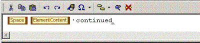 This is an image of the Generated Text Editor for the title in table anywhere in chapter, showing a Space element, followed by an ElementContent element, followed by a space and the text “continued”