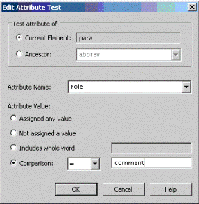 This is an image of the Edit Attribute Test dialog box for the para everywhere else context, with the “Test attribute of current element ” option selected, the attribute “role” selected in the Attribute Name field, and the test “comparison = comment” described in the Attribute value field