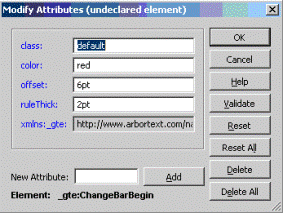 This is an image of the Modify Attributes dialog box for the element _gte:ChangeBarBegin, showing the attribute value settings class=”default", color=”red", “offset=”6pt”, ruleThick=”2pt”, and “xmlns:gte=”http://www.arbortext.com/namespace/Styler/GeneratedTextElements”