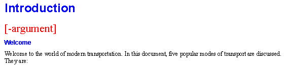 This is an image of a document fragment, showing a chapter heading “Introduction” in bold blue text, the text “[-argument] in red text on the next line, then the section heading “Welcome” in bold blue text on the next line
