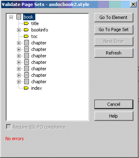 This is an image of the Validate Page Sets dialog box for a sample document, showing that the book and chapter elements are controlled by page sets