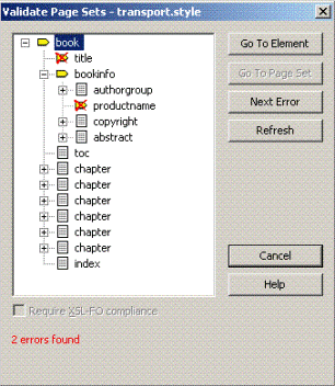 This is an image of the Validate Page Sets dialog box for a sample document, showing the title and productname elements with red crosses through their element icon to indicate errors