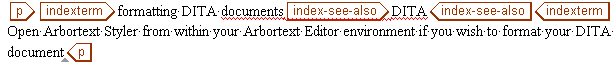 This image shows the text and markup <p><indexterm>formatting DITA documents<index-see-also>DITA</index-see-also></indexterm>Open Arbortext Styler from within your Arbortext Editor environment if you wish to format DITA document</p>