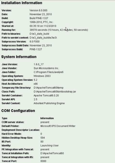 The picture shows several links to sections of the Status report, including the installation and system information, which are the two sections displayed.