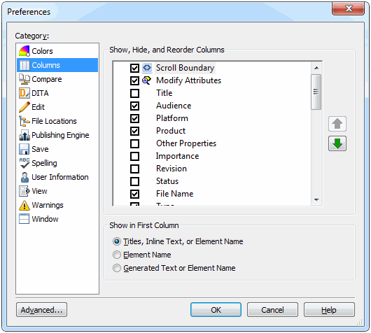 This graphic shows the Columns preferences.