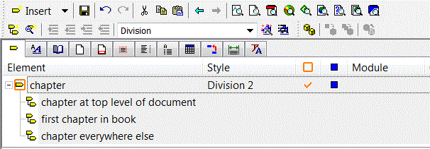 This is an image of the chapter element in the Elements list, with its element icon overlaid with an orange square and an orange tick in the Source Edits column