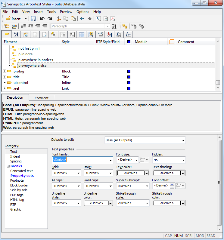 This is an image of the main window of the Arbortext Styler interface, with the Elements list active