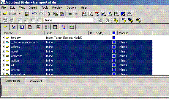 This is an image of the Elements list, showing all the elements that belong to the inlines module highlighted, each one displaying a blue square in the Precedence column and the setting “inlines” in the Modules column