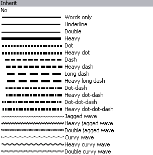 This is a picture of the line style choices for Underline.