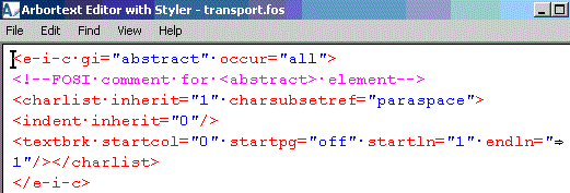 This image shows the code for the FOSI version of a stylesheet, with the comment <!—FOSI comment for <abstract> element—> included in the markup for the abstract element